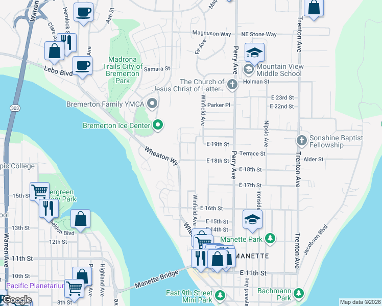 map of restaurants, bars, coffee shops, grocery stores, and more near 1805 Winfield Avenue in Bremerton