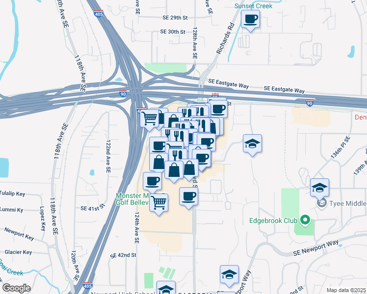 map of restaurants, bars, coffee shops, grocery stores, and more near 12678 Southeast 38th Street in Bellevue
