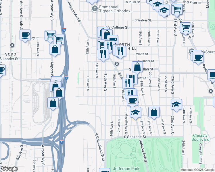 map of restaurants, bars, coffee shops, grocery stores, and more near 2920 15th Avenue South in Seattle