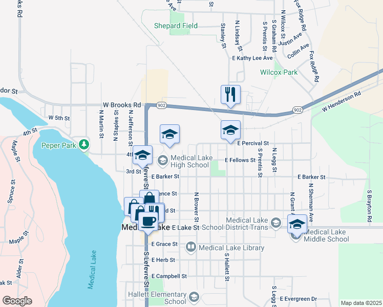 map of restaurants, bars, coffee shops, grocery stores, and more near 505 North Brower Street in Medical Lake