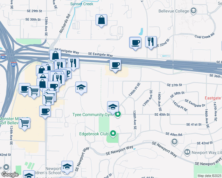 map of restaurants, bars, coffee shops, grocery stores, and more near 3733 135th Avenue Southeast in Bellevue