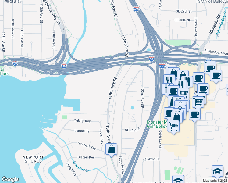 map of restaurants, bars, coffee shops, grocery stores, and more near 3716 Lake Washington Boulevard Southeast in Bellevue
