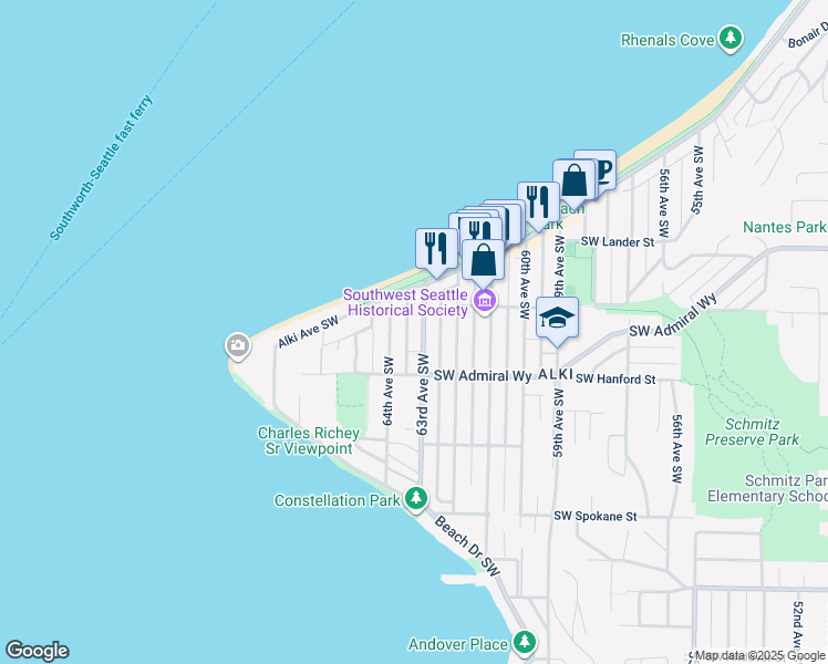 map of restaurants, bars, coffee shops, grocery stores, and more near 3043 63rd Avenue Southwest in Seattle