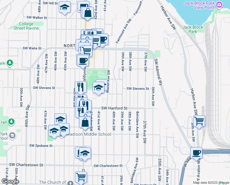 map of restaurants, bars, coffee shops, grocery stores, and more near 4004 Southwest Stevens Street in Seattle