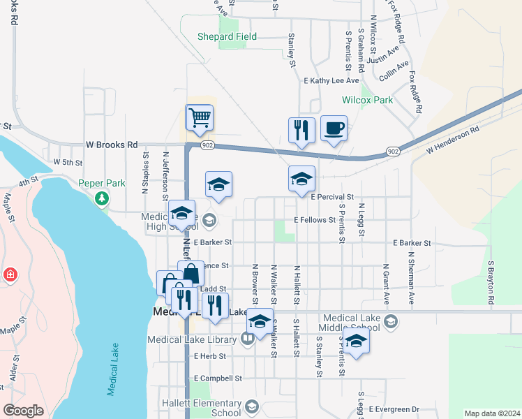 map of restaurants, bars, coffee shops, grocery stores, and more near 405 East Fellows Street in Medical Lake