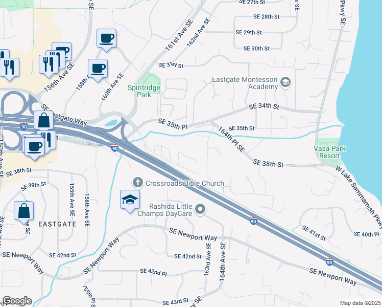 map of restaurants, bars, coffee shops, grocery stores, and more near 16210 Southeast Eastgate Way in Bellevue