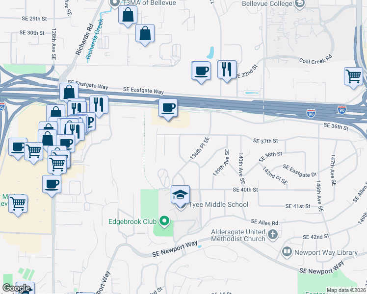 map of restaurants, bars, coffee shops, grocery stores, and more near 3735 136th Avenue Southeast in Bellevue