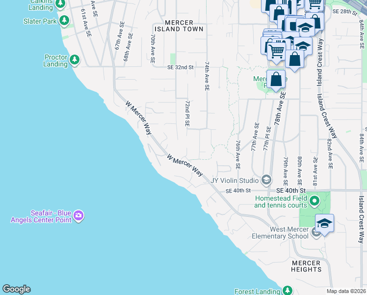 map of restaurants, bars, coffee shops, grocery stores, and more near 3635 72nd Place Southeast in Mercer Island