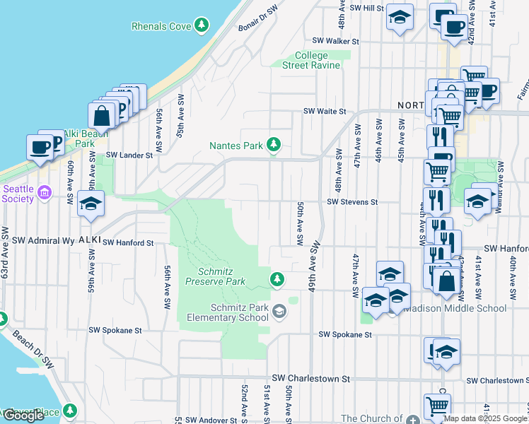 map of restaurants, bars, coffee shops, grocery stores, and more near 3015 Garlough Avenue Southwest in Seattle