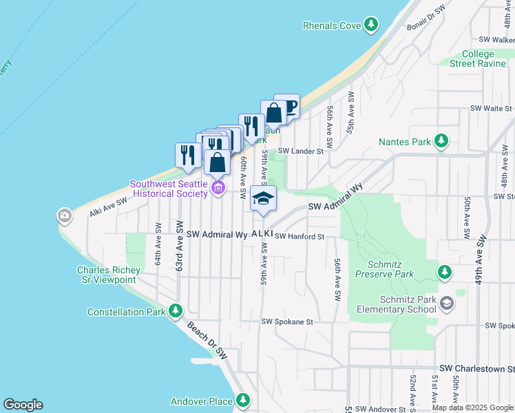 map of restaurants, bars, coffee shops, grocery stores, and more near 3016 60th Avenue Southwest in Seattle