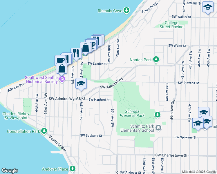 map of restaurants, bars, coffee shops, grocery stores, and more near 5602 Southwest Admiral Way in Seattle