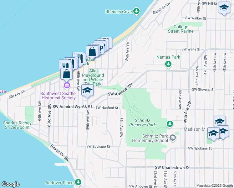map of restaurants, bars, coffee shops, grocery stores, and more near 5602 Southwest Admiral Way in Seattle