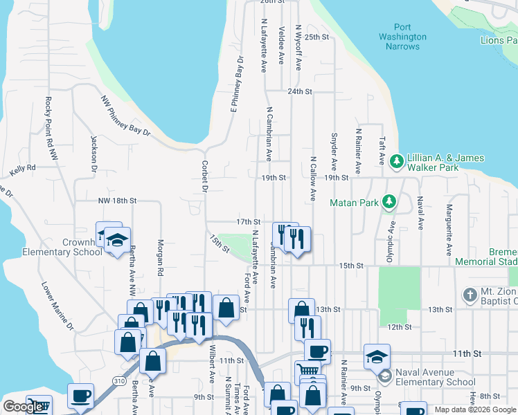 map of restaurants, bars, coffee shops, grocery stores, and more near 1718 North Lafayette Avenue in Bremerton