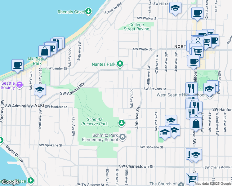 map of restaurants, bars, coffee shops, grocery stores, and more near 3015 Garlough Avenue Southwest in Seattle