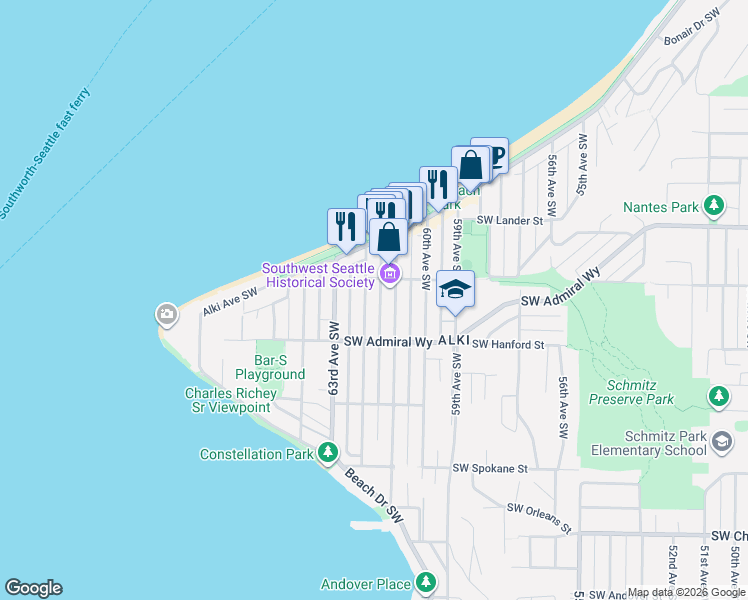 map of restaurants, bars, coffee shops, grocery stores, and more near 3018 62nd Avenue Southwest in Seattle