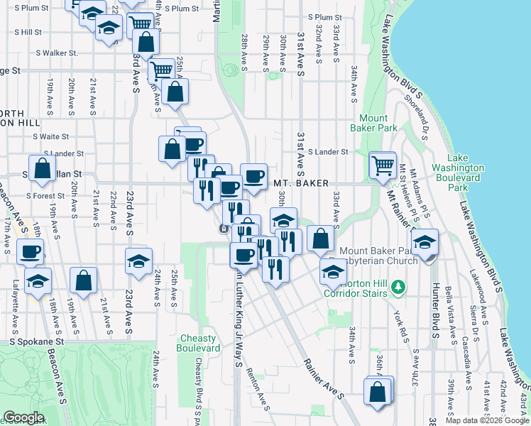 map of restaurants, bars, coffee shops, grocery stores, and more near 2880 Rainier Avenue South in Seattle