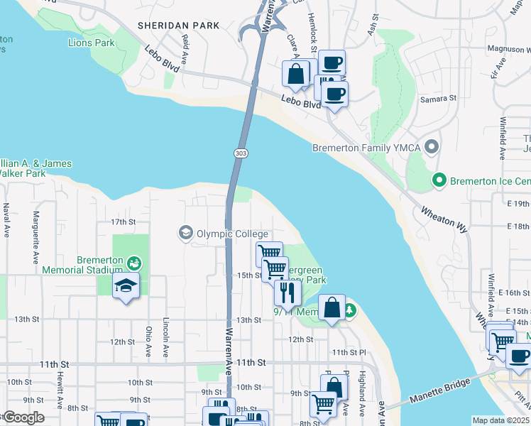 map of restaurants, bars, coffee shops, grocery stores, and more near 1735 Park Avenue in Bremerton