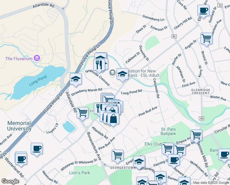 map of restaurants, bars, coffee shops, grocery stores, and more near 154 Elizabeth Avenue in St. John's