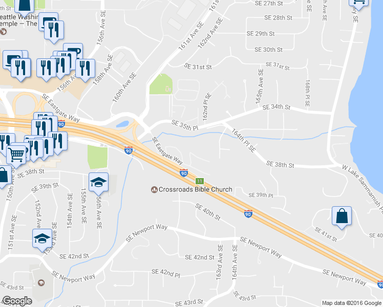 map of restaurants, bars, coffee shops, grocery stores, and more near 16100 SE Eastgate Way in Bellevue