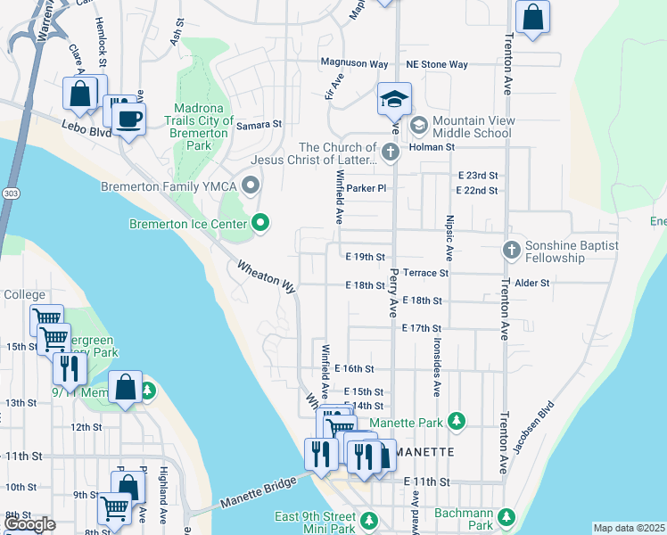 map of restaurants, bars, coffee shops, grocery stores, and more near 2018 East 18th Street in Bremerton