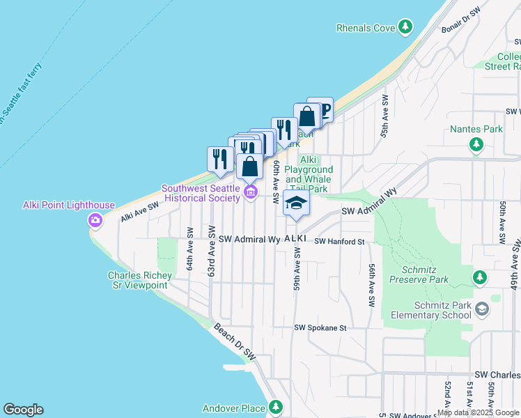 map of restaurants, bars, coffee shops, grocery stores, and more near 3014 61st Avenue Southwest in Seattle
