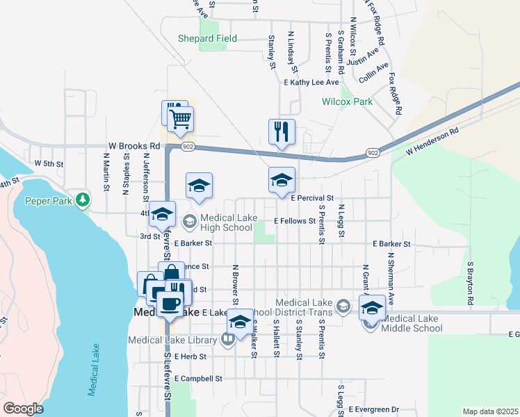 map of restaurants, bars, coffee shops, grocery stores, and more near 521 East Fellows Street in Medical Lake