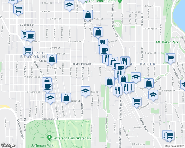 map of restaurants, bars, coffee shops, grocery stores, and more near 2375 South Forest Street in Seattle