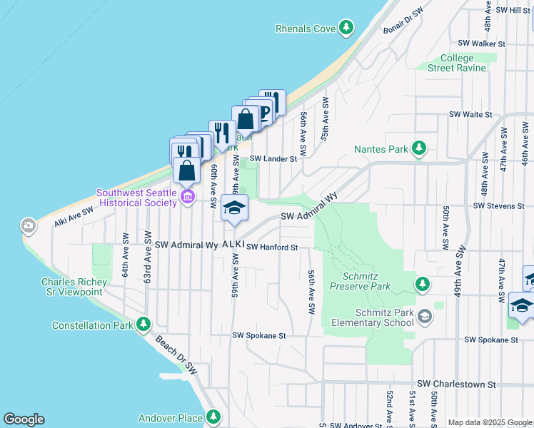 map of restaurants, bars, coffee shops, grocery stores, and more near 5714 Southwest Admiral Way in Seattle