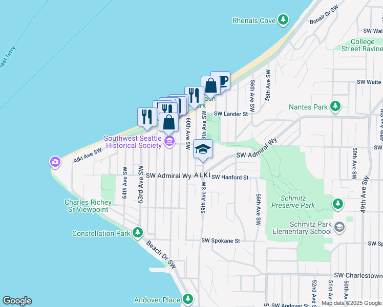 map of restaurants, bars, coffee shops, grocery stores, and more near 3016 60th Avenue Southwest in Seattle