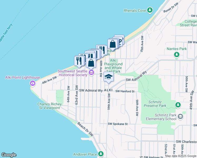 map of restaurants, bars, coffee shops, grocery stores, and more near 3022 61st Avenue Southwest in Seattle