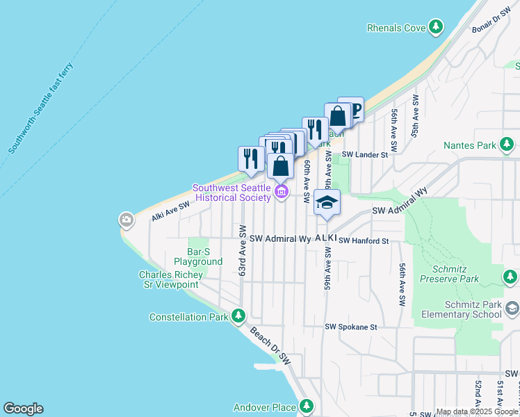 map of restaurants, bars, coffee shops, grocery stores, and more near 3027 62nd Avenue Southwest in Seattle
