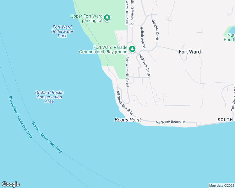 map of restaurants, bars, coffee shops, grocery stores, and more near 9509 Northeast South Beach Drive in Bainbridge Island