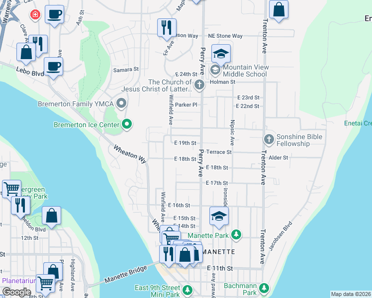 map of restaurants, bars, coffee shops, grocery stores, and more near 1805 Perry Avenue in Bremerton