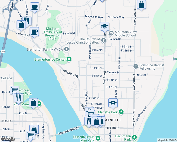 map of restaurants, bars, coffee shops, grocery stores, and more near 2018 East 18th Street in Bremerton