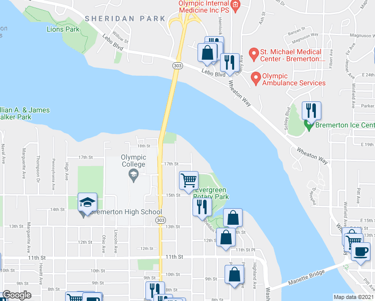 map of restaurants, bars, coffee shops, grocery stores, and more near 1735 Park Avenue in Bremerton