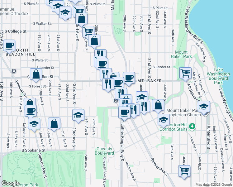 map of restaurants, bars, coffee shops, grocery stores, and more near 2915 Rainier Avenue South in Seattle