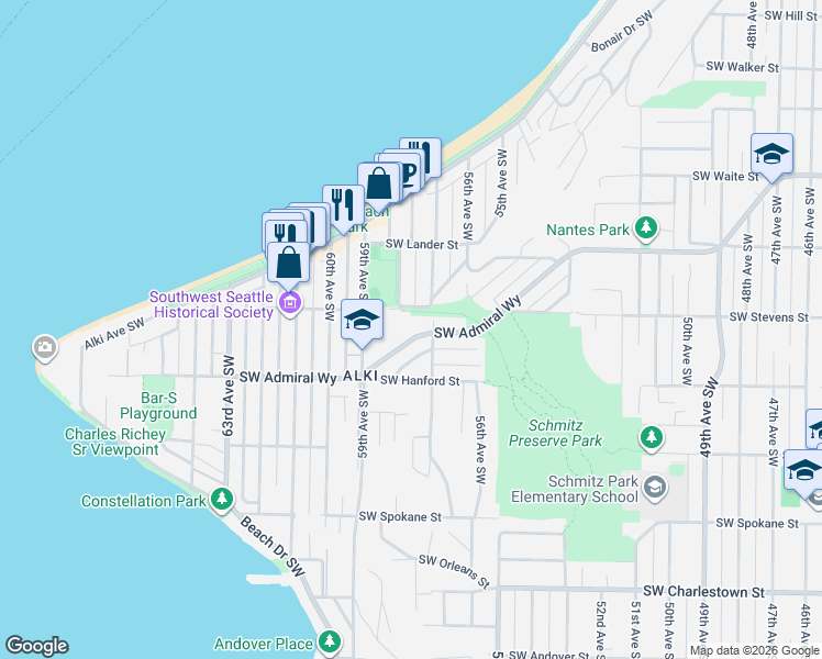 map of restaurants, bars, coffee shops, grocery stores, and more near 5714 Southwest Admiral Way in Seattle