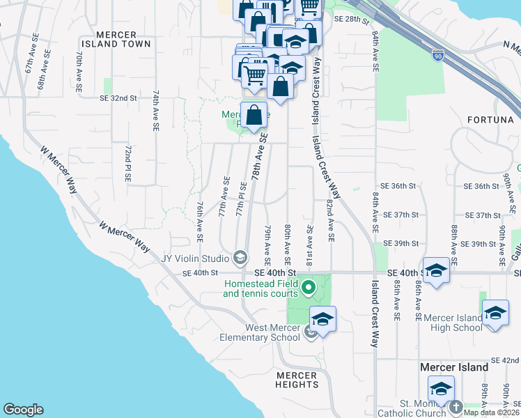 map of restaurants, bars, coffee shops, grocery stores, and more near 3712 79th Avenue Southeast in Mercer Island