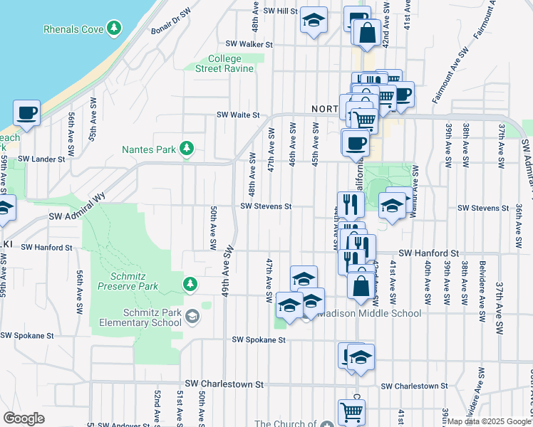 map of restaurants, bars, coffee shops, grocery stores, and more near 3015 47th Avenue Southwest in Seattle