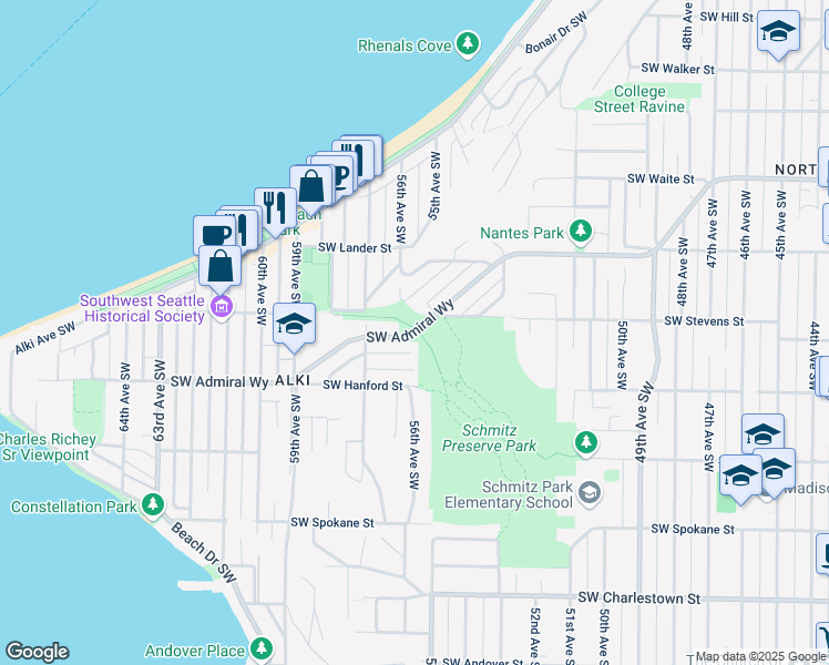 map of restaurants, bars, coffee shops, grocery stores, and more near 5510 Southwest Admiral Way in Seattle