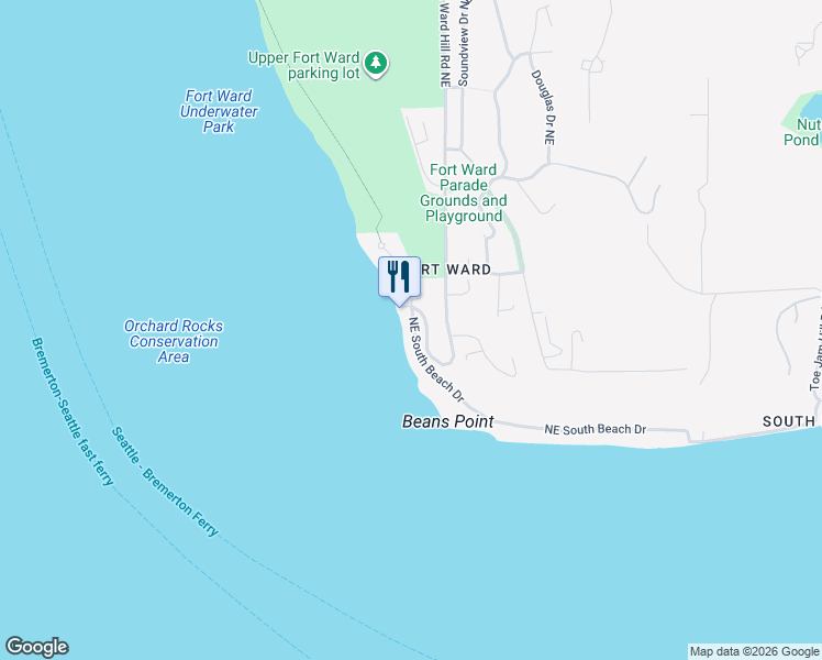 map of restaurants, bars, coffee shops, grocery stores, and more near 9551 Northeast South Beach Drive in Bainbridge Island