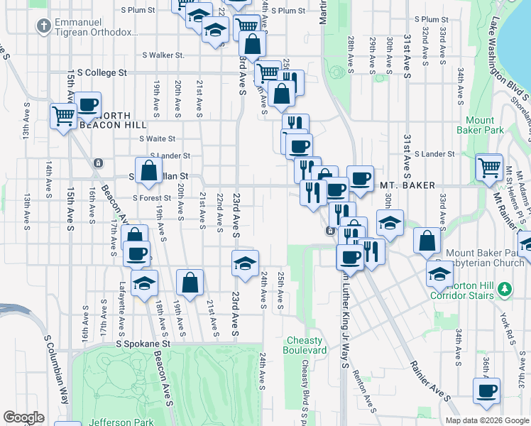 map of restaurants, bars, coffee shops, grocery stores, and more near 2375 South Forest Street in Seattle