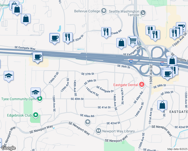 map of restaurants, bars, coffee shops, grocery stores, and more near 14241 Southeast 37th Street in Bellevue