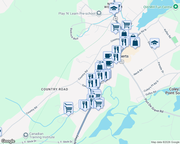 map of restaurants, bars, coffee shops, grocery stores, and more near 65 Country Road in Coley's Point South