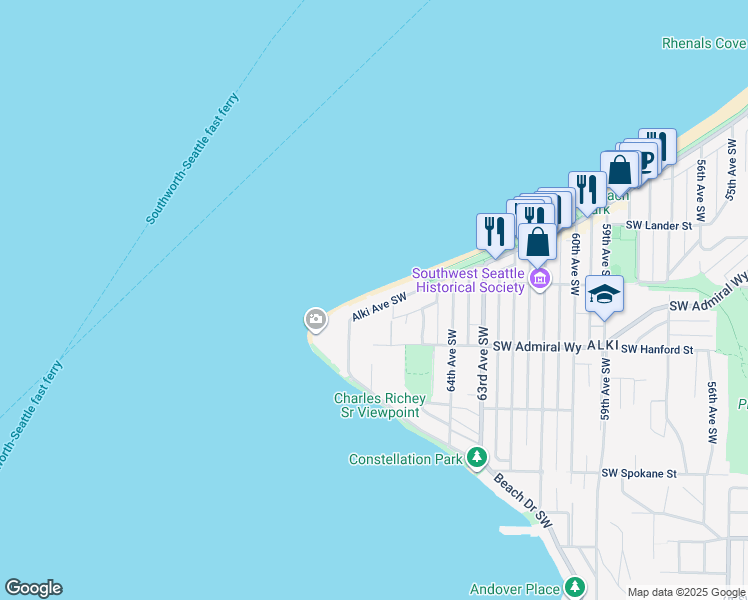 map of restaurants, bars, coffee shops, grocery stores, and more near 3055 Alki Avenue Southwest in Seattle