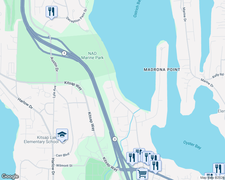 map of restaurants, bars, coffee shops, grocery stores, and more near 1739 Shorewood Drive in Bremerton