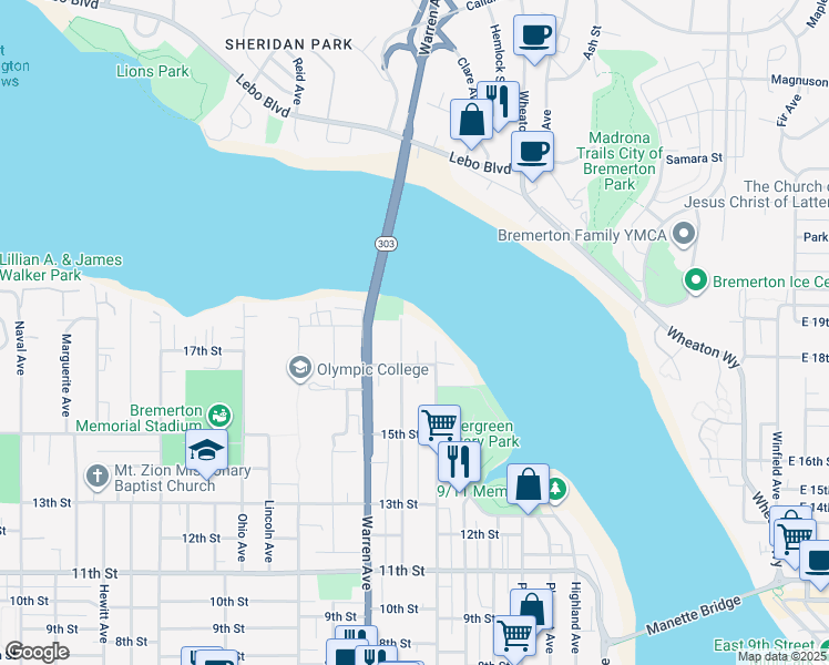 map of restaurants, bars, coffee shops, grocery stores, and more near 1735 Park Avenue in Bremerton