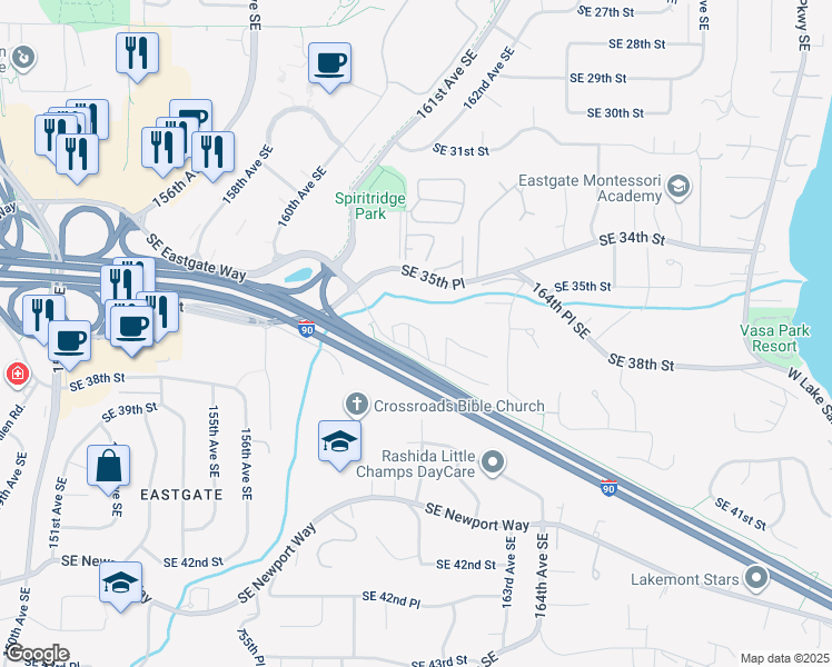 map of restaurants, bars, coffee shops, grocery stores, and more near 16100 Southeast Eastgate Way in Bellevue