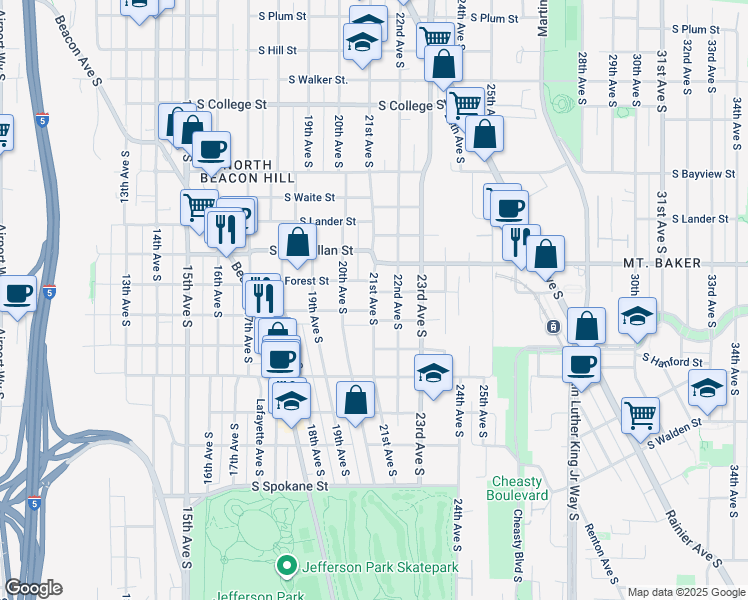 map of restaurants, bars, coffee shops, grocery stores, and more near 2021 South Stevens Street in Seattle