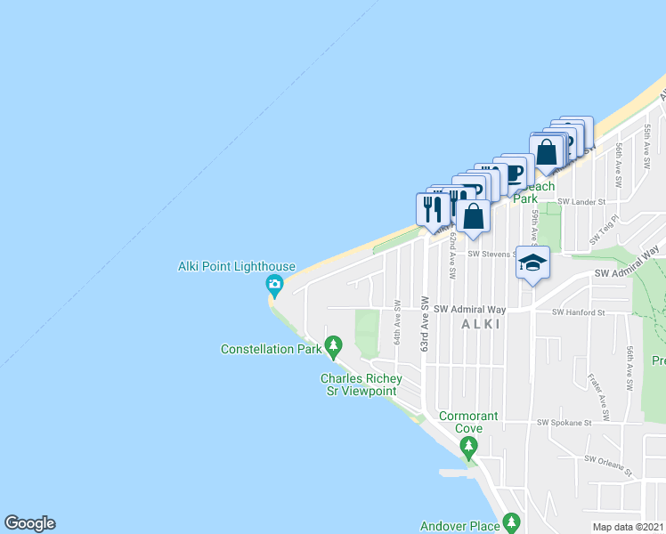 map of restaurants, bars, coffee shops, grocery stores, and more near 3055 Alki Avenue Southwest in Seattle